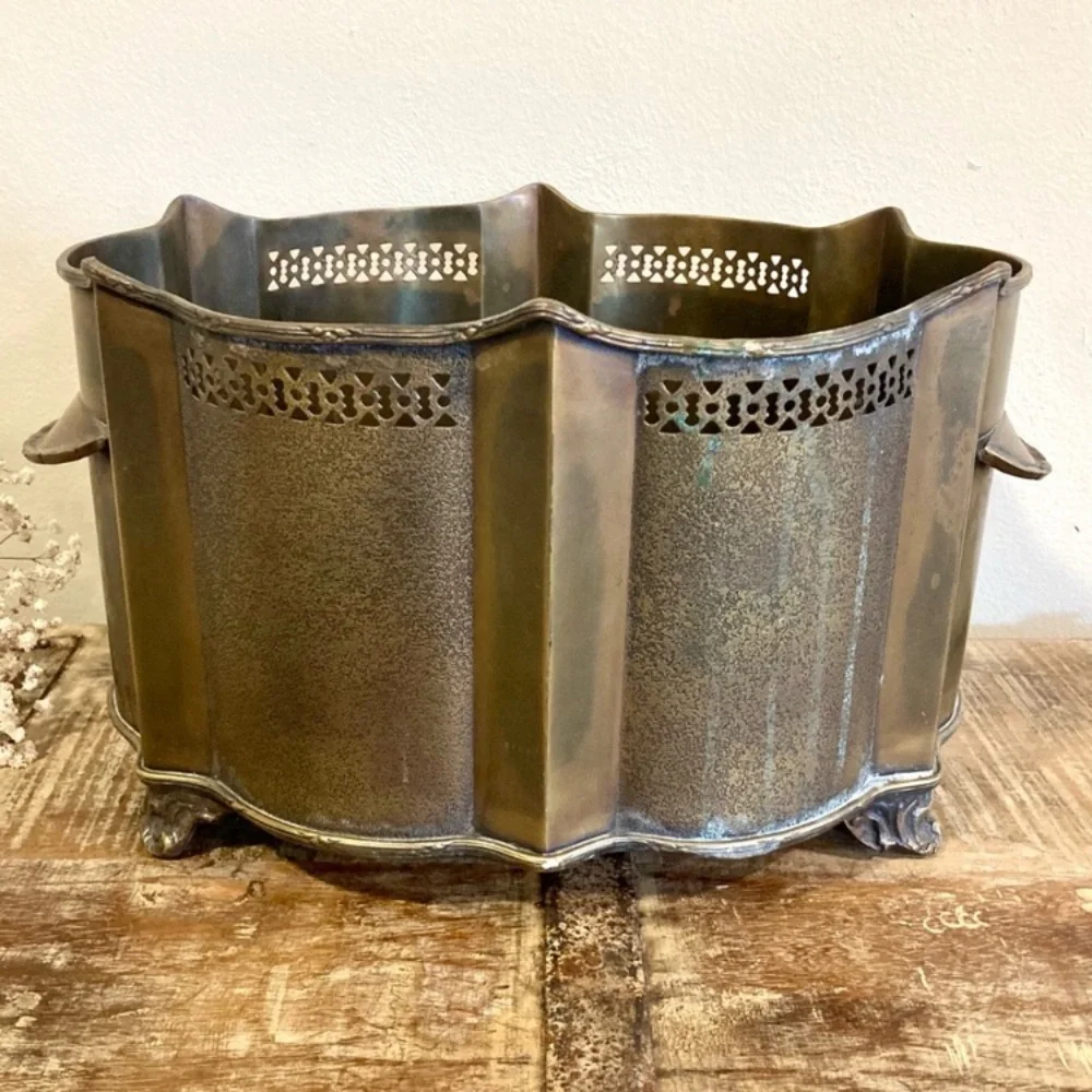 Metal Planter with Cutout Design Footed Container Cachepot